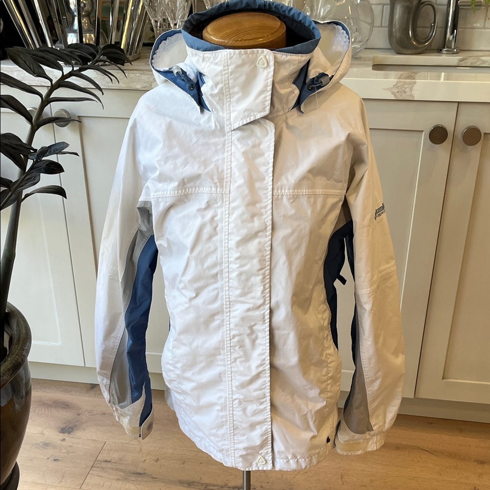 Columbia Vertex Interchange White Jacket with Blue Logo and trim removeable hood